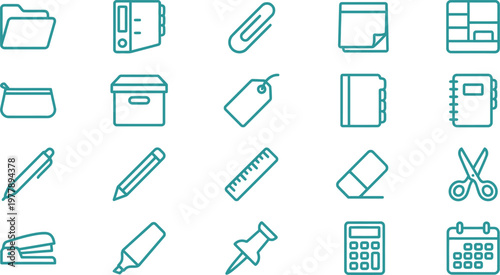 A comprehensive collection of outline icons representing various essential office and school supplies in teal color.