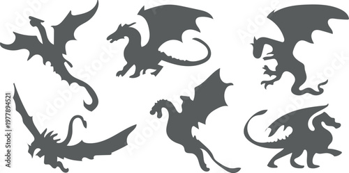 Grey Dragon silhouettes set in fantasy poses, isolated on white background, Neutral vector illustration of mythical creatures for minimal and artistic design.