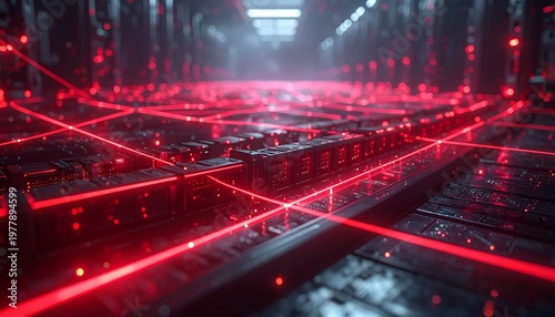 Futuristic Red Laser Grid Security System in a Dark High-Tech Environment.