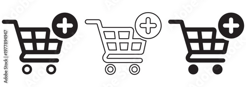 Add to cart icon. Online shop shopping cart icon with plus sign symbol on white background with editable stroke for apps and websites. Vector illustration EPS 10