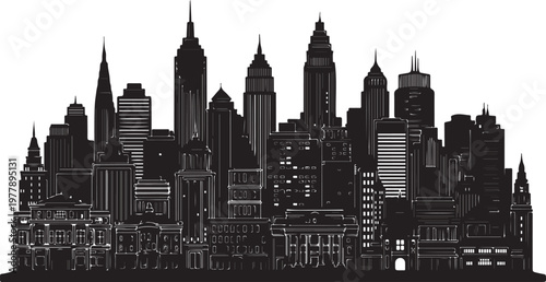 Black and White City Skyline with Tall Buildings Silhouette