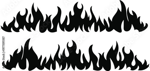 Black Fire and Flame border silhouettes set isolated on white background, Vector illustration of burning blaze for hot energy and warning concepts.