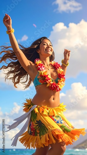 A smiling woman dances joyfully on a sunny day. She wears a floral lei and traditional attire with arms raised high
