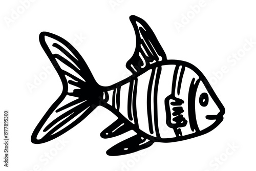 Hand drawn happy funny cute fish Adorable friendly kawaii tropical fish Underwater world sea life ocean Fishing seafood For design, kids print, kids books, nursery decor, coloring pages, logo