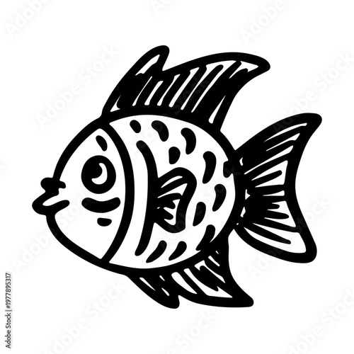 Hand drawn happy funny cute fish Adorable friendly kawaii tropical fish Underwater world sea life ocean Fishing seafood For design, kids print, kids books, nursery decor, coloring pages, logo