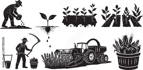 Agricultural icons and farming tools in black and white