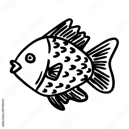 Hand drawn happy funny cute fish Adorable friendly kawaii tropical fish Underwater world sea life ocean Fishing seafood For design, kids print, kids books, nursery decor, coloring pages, logo