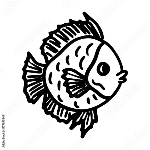 Hand drawn happy funny cute fish Adorable friendly kawaii tropical fish Underwater world sea life ocean Fishing seafood For design, kids print, kids books, nursery decor, coloring pages, logo