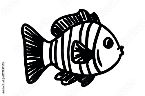 Hand drawn happy funny cute fish Adorable friendly kawaii tropical fish Underwater world sea life ocean Fishing seafood For design, kids print, kids books, nursery decor, coloring pages, logo