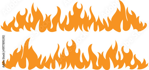 Orange Fire and Flame border silhouettes set isolated on white background, Vibrant vector blaze for hot energy and attention-grabbing warning designs.