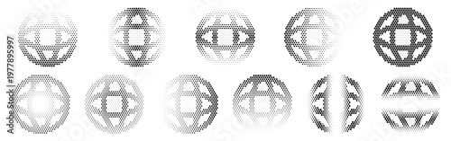 Globe Halftone Icon Collection – Globe Dotted Circles Halftones Geometric Dots Gradient – Dot Spray Gradient Vector Set – Globe Illustration Halftone Gradient