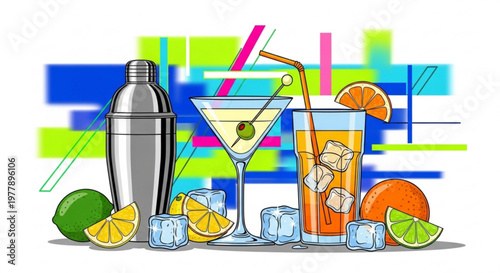 Colorful illustration of cocktail shaker martini and highball glasses with citrus fruits and ice cubes on white background with geometric shapes