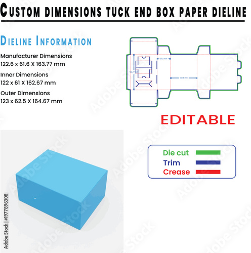 Custom Dimensions Tuck End Box Paper Dieline with 3D Box and Information packaging template
