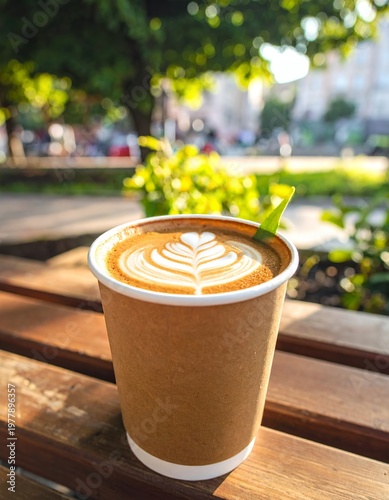 Latte art in a disposable cup on a wooden bench outdoors.