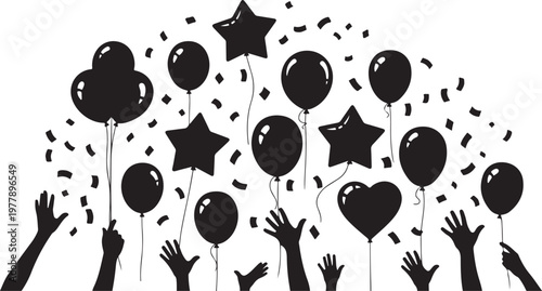 Celebration Silhouette with Balloons and Confetti in the Air