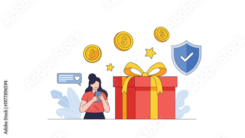 Young woman interacts with her mobile phone next to a giant gift box symbolizing rewards, secure payments, and digital bonuses.