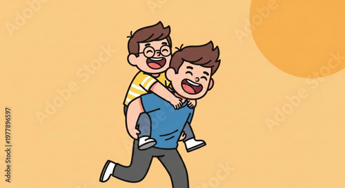 Two happy boys piggyback riding outdoors in sunshine laughing and having fun together