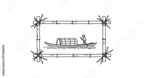 Traditional Asian Boat with Covered Top and Oarsman in Bamboo Frame