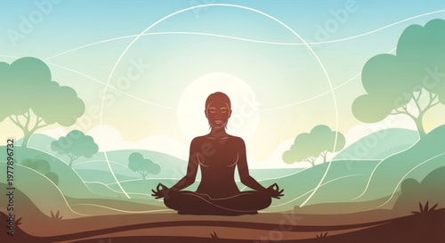 Serene person meditating in lotus position outdoors at sunrise with glowing aura and trees in background symbolizing inner peace and harmony with nature