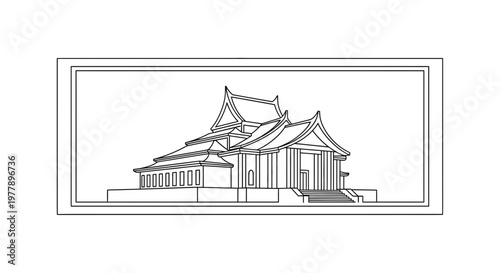Traditional Asian Temple Architecture Line Drawing
