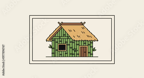Traditional Bamboo Hut with Thatched Roof and Wooden Door, Rustic Village Dwelling