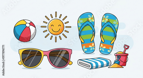 Colorful beach summer accessories with sunglasses flip flops towel bucket