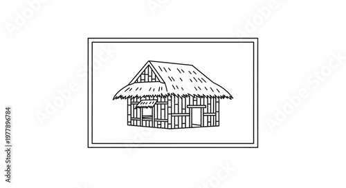 Traditional Filipino Nipa Hut House Drawing, Rural Asian Dwelling, Simple Bamboo Structure