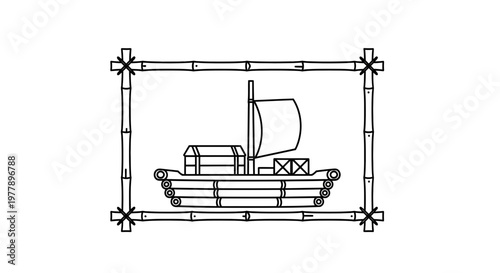Traditional Bamboo Raft Boat with Sail and Cargo in Bamboo Frame