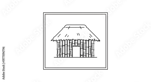 Traditional Hut with Thatched Roof and Bamboo Walls, Rustic Dwelling Outline