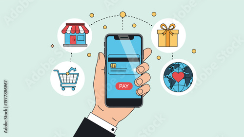 User holds a smartphone to process a contactless payment while surrounded by icons representing shopping, gifts, and global commerce.