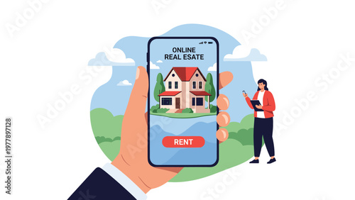 User explores a real estate rental application on a smartphone displaying a modern house and a prominent red rent button.