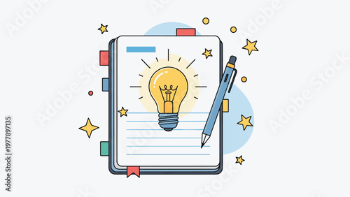 Open notebook features a glowing lightbulb idea and a pencil surrounded by stars to symbolize creativity, learning, and inspiration.