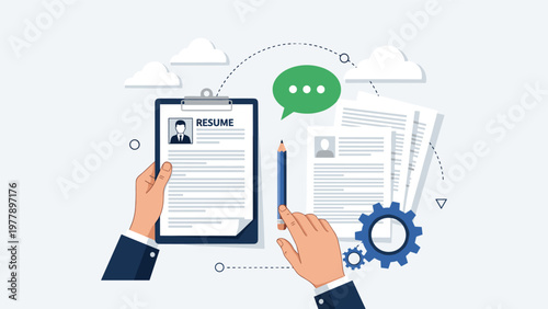 Hiring manager reviews various resume documents and job applications while using a pencil and gears to represent the recruitment process.