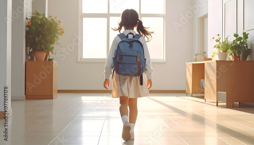 A young girl with a backpack walks toward a bright doorway, symbolizing new beginnings, education, and hope. Soft lighting creates a calm, emotional, and inspiring atmosphere.