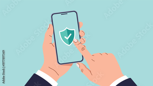 Smartphone screen displays a secure green shield and white checkmark to indicate a successful safety check or active protection.