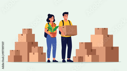 Young couple moving into new home carrying cardboard boxes and houseplant surrounded by stacks of belongings for relocation.