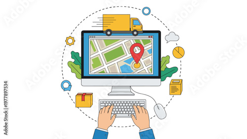 Online parcel tracking and delivery service concept with hands typing on keyboard and map navigation on computer monitor.