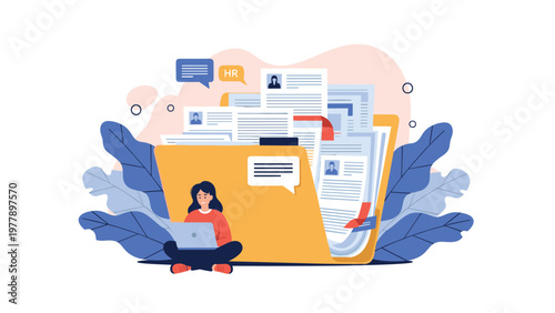 Human resources professional sitting with laptop next to a large folder overflowing with candidate resumes for recruitment.