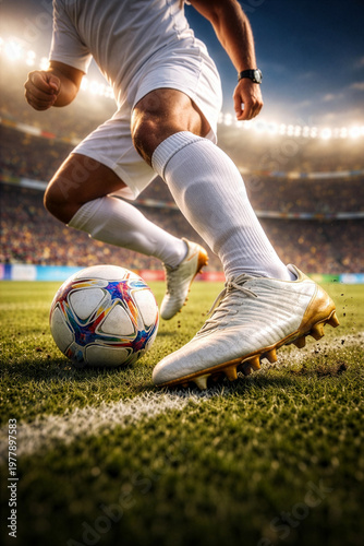 Dynamic close up of football player dribbling ball on stadium field during match