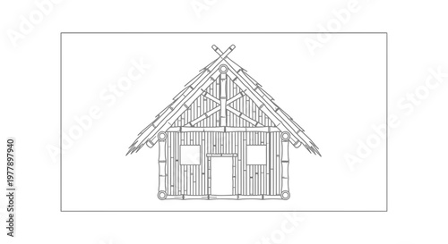 Rustic Bamboo Hut Illustration: Traditional Dwelling with Thatched Roof and Simple Windows