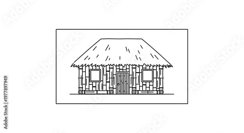 Rustic Hut with Thatched Roof and Wooden Walls