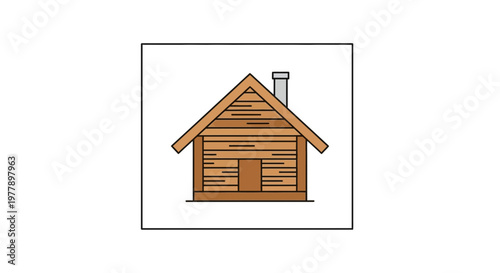 Rustic Log Cabin Icon: Simple Wooden House with Chimney, Vector Illustration