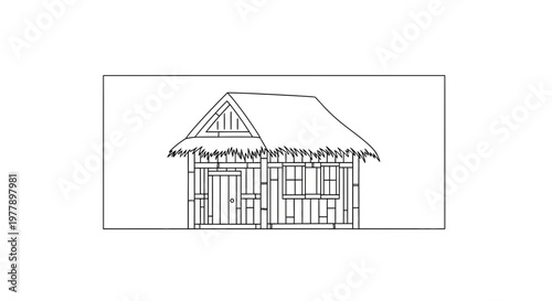 Rustic Thatched Hut Drawing, Tropical Beach Bungalow Sketch, Simple Cabin Outline