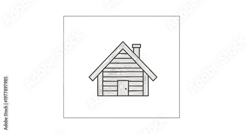 Rustic Log Cabin Illustration with Chimney and Door, Hand-Drawn Style