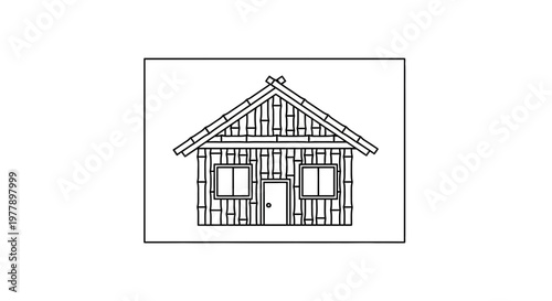 Rustic Wooden Cabin House Outline Drawing, Simple Architecture, Nature Dwelling