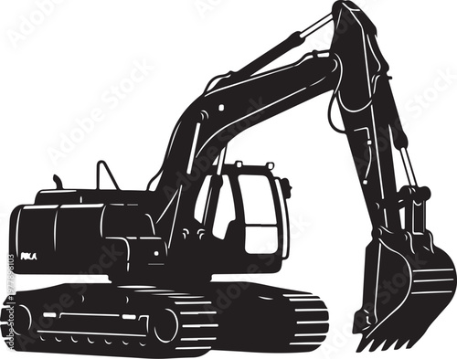 Black excavator machine silhouette on white background illustration