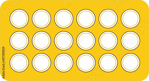 Minimalist vector illustration of a yellow medication blister pack with empty slots, symbolizing health, pharmaceutical care, daily dosage, and routine wellness management in a clean, modern design