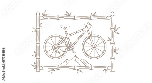 Mountain Bike in Bamboo Frame with Mountain Peaks Illustration
