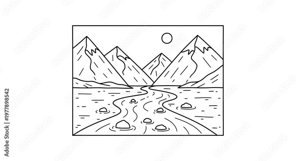 Obraz premium Minimalist Mountain River Landscape Line Art Illustration