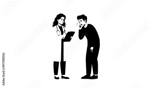 Doctor with clipboard examining coughing patient vector illustration healthcare medical scene